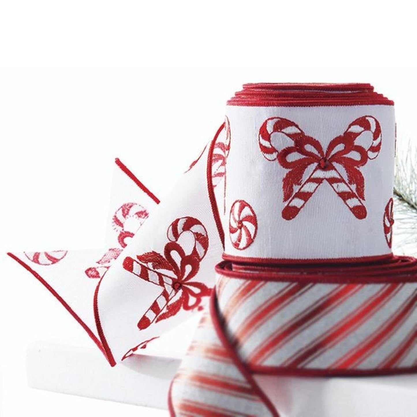 4" Candy Cane Embroidered Ribbon: Red (10 Yards)