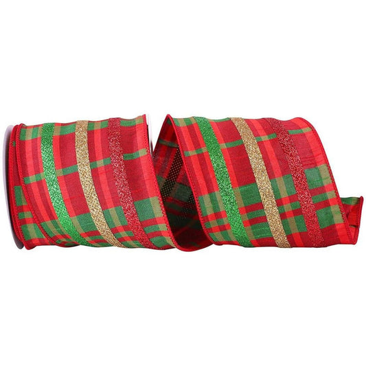 4" Dupioni Plaid Glitter Stripe Ribbon: Multi (10 Yards)