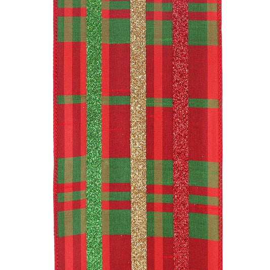 4" Dupioni Plaid Glitter Stripe Ribbon: Multi (10 Yards)