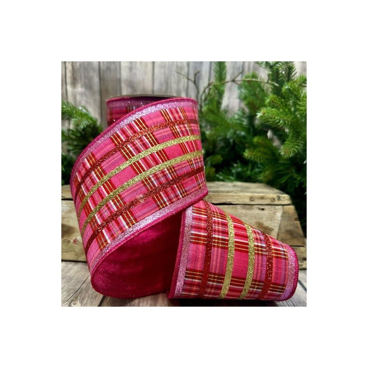 4" Faux Dupion Plaid Glitter Ribbon: Red, Pink and Gold (5 Yards)