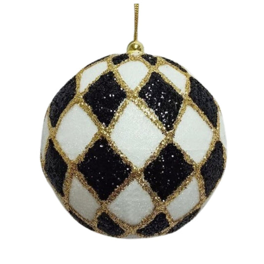 4inch Harlequin Glitter Ball Ornaments: Black/Gold