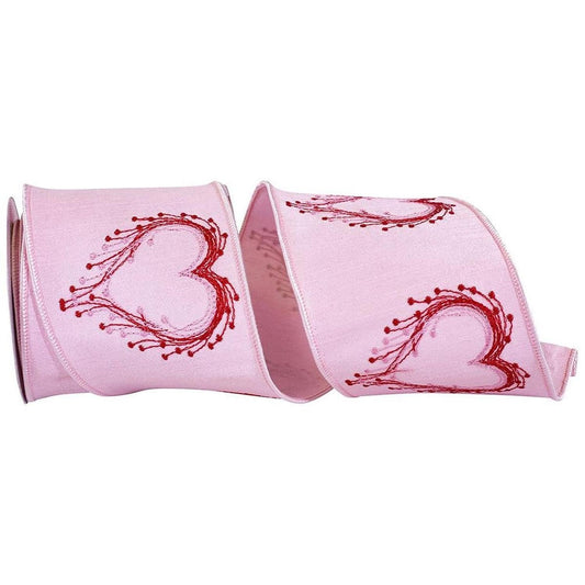 4" Heart Embroidery Dupioni Ribbon: Pink (5 Yards)