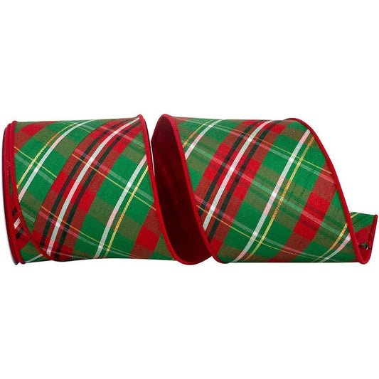 4" Plaid Dupioni Verde Diagonal Ribbon: Red/Green (10 Yards)