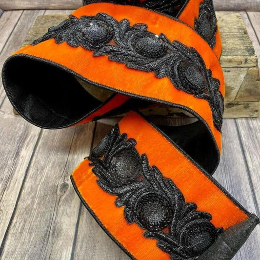4" Velvet Black Floral Sequin Ribbon: Orange (5 Yards)
