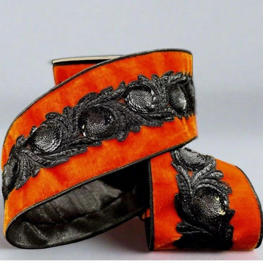 4" Velvet Black Floral Sequin Ribbon: Orange (5 Yards)