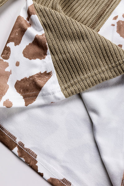 Apricot Animal Print Knitted Sleeve Patchwork Henley Top