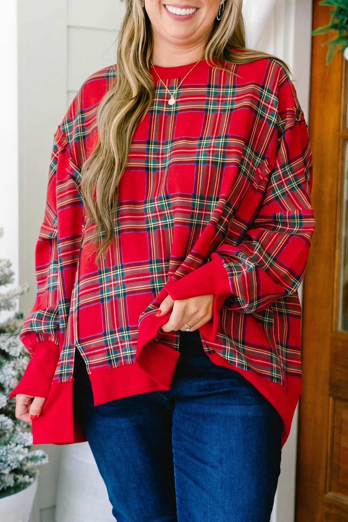 Red Plus Size Festive Plaid Long Sleeve Split Tunic Sweatshirt