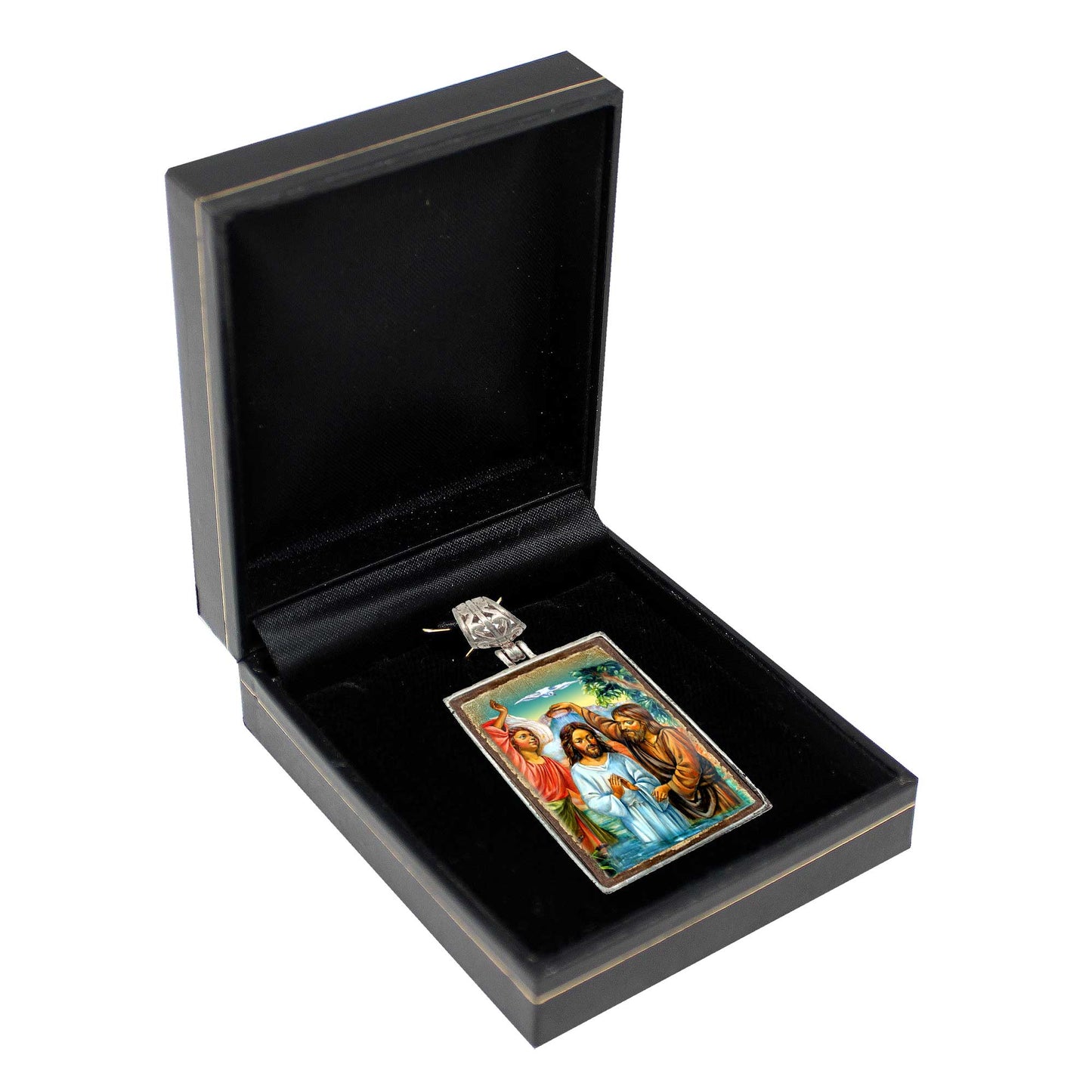 The Holy Family Religious Jewelry Silver Plated Necklace, Gold-Plated Wooden Cabochon - Orthodox Sacred Icon - Inspirational Icon Decor - 43020R