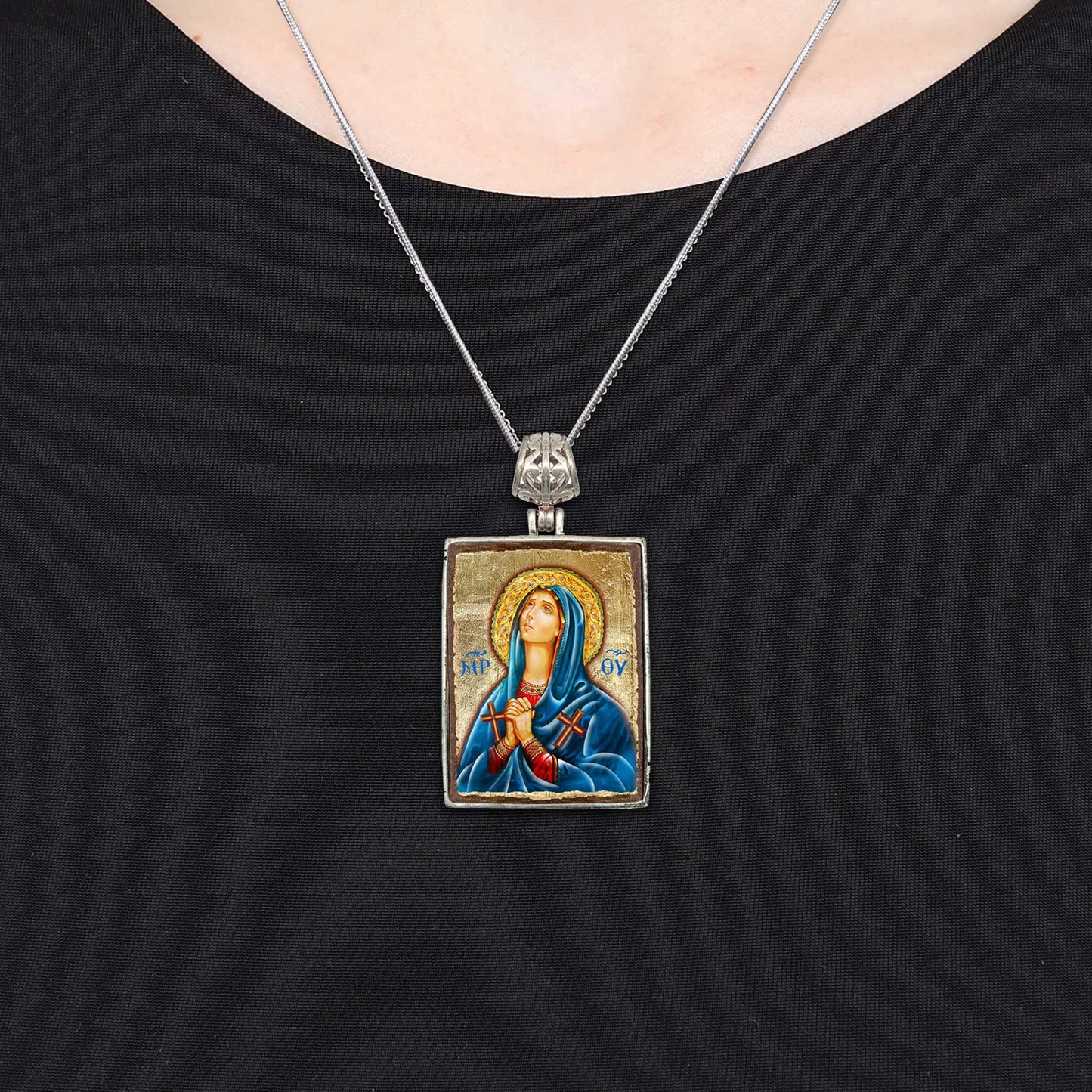 Mother of God Religious Jewelry Silver Plated Necklace, Gold-Plated Wooden Cabochon - Christian Sacred Icon - Inspirational Icon Decor - 43014R