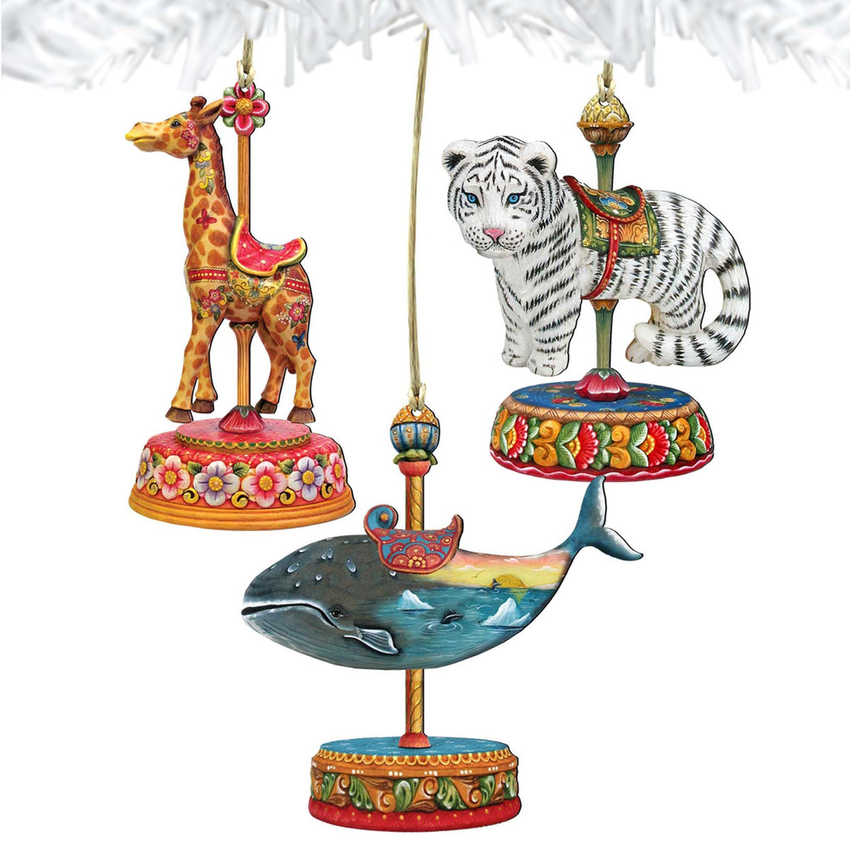 Carousel Wooden Ornaments: Tiger, Whale, Giraffe - Christmas Decor - 81000892S3