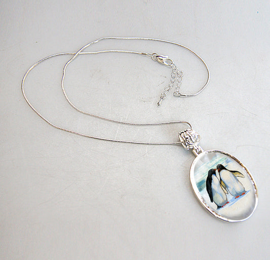 Penguins in Love Silver Plated Mother of Pearl Jewelry Pendant Necklace - 44033