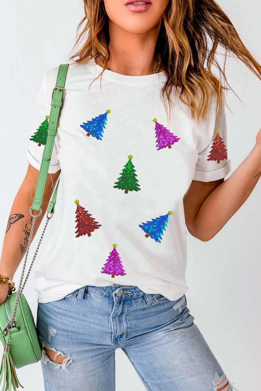 White Glitter Christmas Tree Pattern Cuffed Sleeve Christmas T Shirt