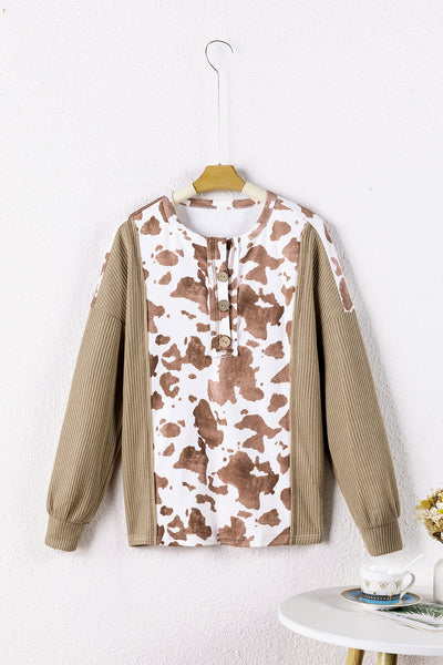 Apricot Animal Print Knitted Sleeve Patchwork Henley Top