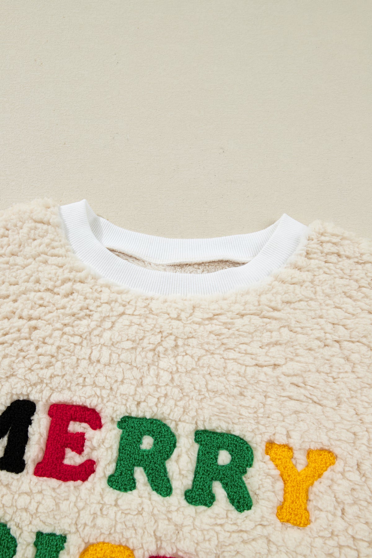 White MERRY CHRISTMAS Multicolor Embroidered Sherpa Pullover Sweatshirt
