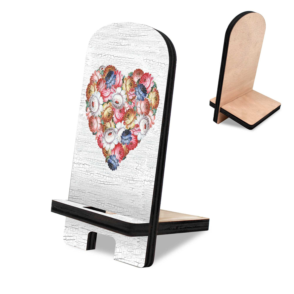 Flowers Heart Decor Cell Phone Stand Wood Mobile Tablet Holder Charging Station Organizer - 892036