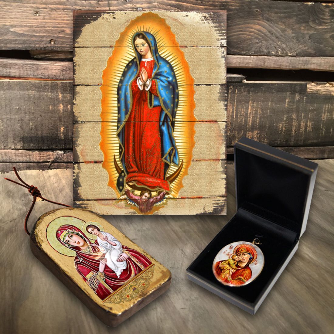 Mother of God Religious Jewelry Silver Plated Necklace, Gold-Plated Wooden Cabochon - Christian Sacred Icon - Inspirational Icon Decor - 43014R