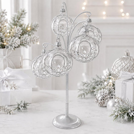 5-Arm Scroll Tree Branches Silver Metal Ornament Display Stand 14.5 Inches