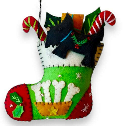 5" Green Stocking w/ Black Dog Felted Wool Ornament