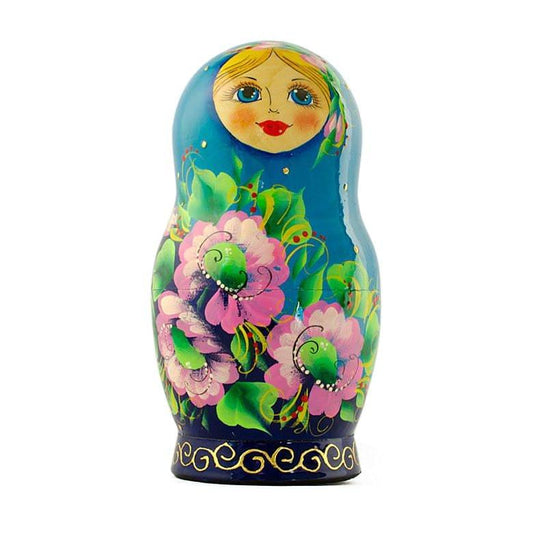 5 Turquoise Scarf with Poppy Flowers  Nesting Dolls 7 Inches