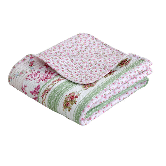 Wild Rose Enchantment Floral Bloom Garden Stripe Quilted Reversible Throw Blanket