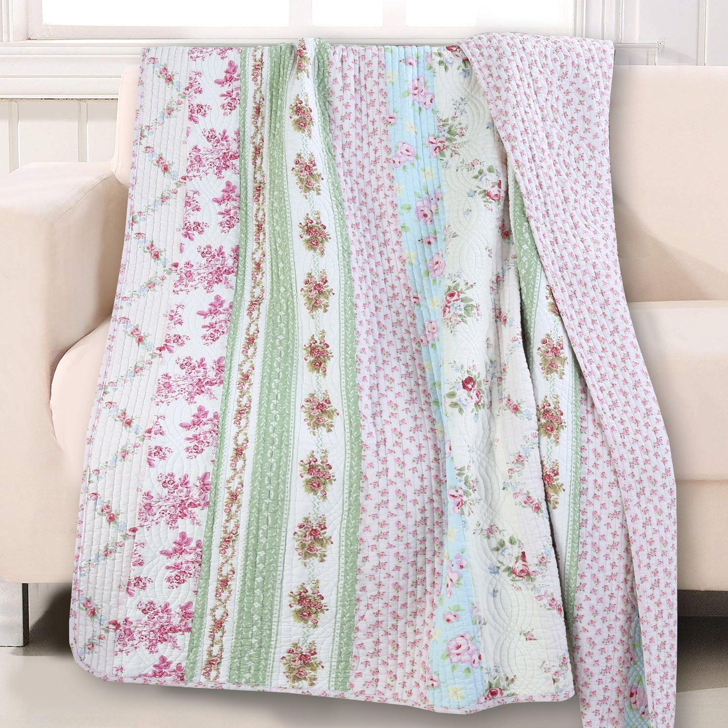 Wild Rose Enchantment Floral Bloom Garden Stripe Real Patchwork Reversible Quilt Bedding Set