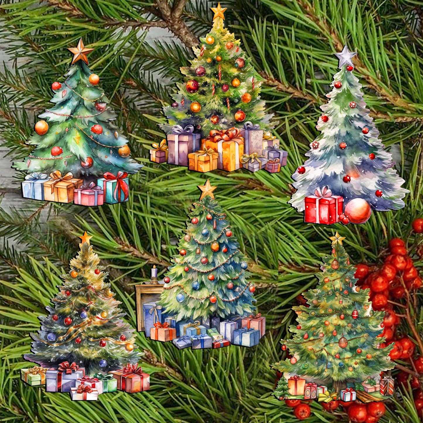 Christmas Tree Clip-On Eco Wood Decorative Ornaments Set of 6 by G. Debrekht - Christmas Decor - 8090044C-S6