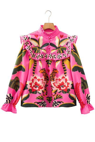Rose Leopard Print Tropical Ruffle Blouse