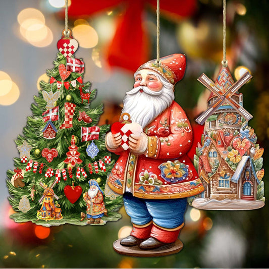 Santas Around the World - Danish Inspired Santa - Eco Wood Ornaments Set of 3 by G. DeBrekht Christmas Santa Snowman Decor - 8091302S3