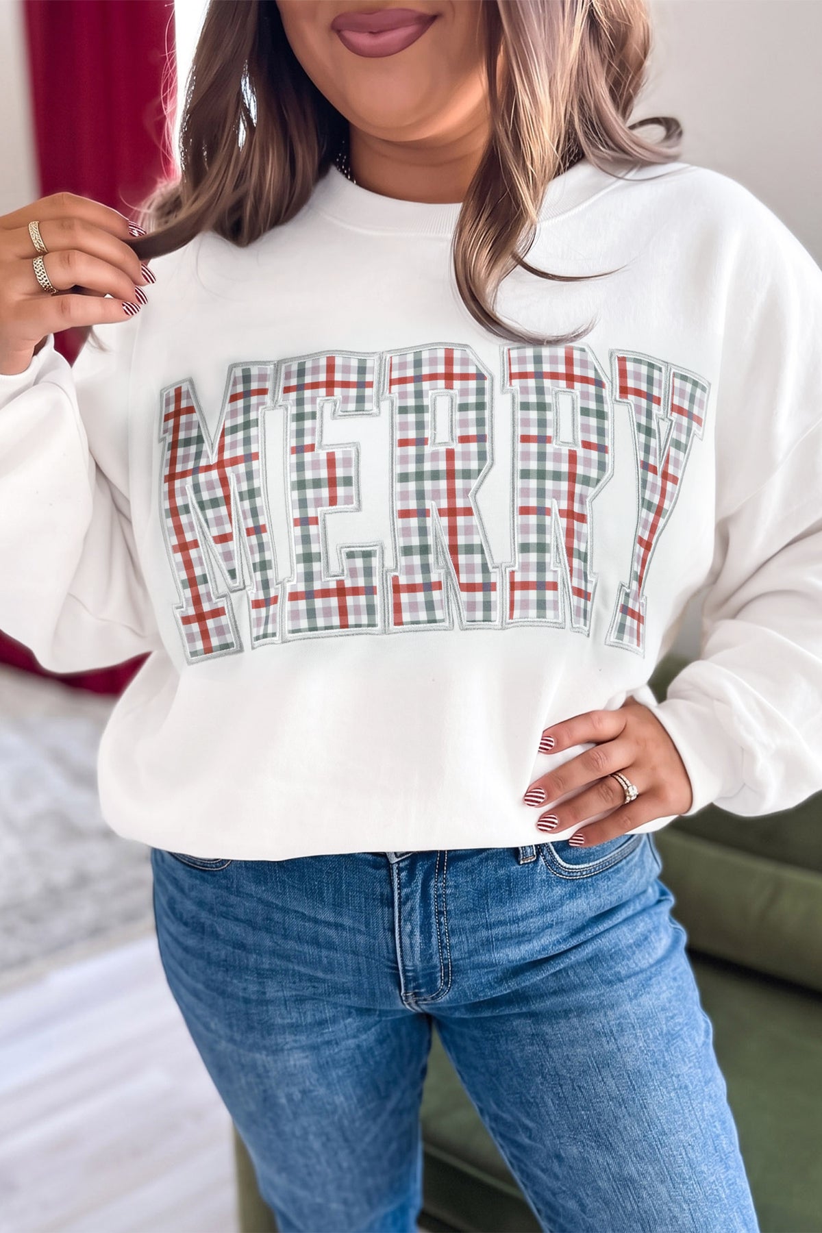 Multicolour MERRY Plaid Letter Print Long Sleeve Plus Size Top