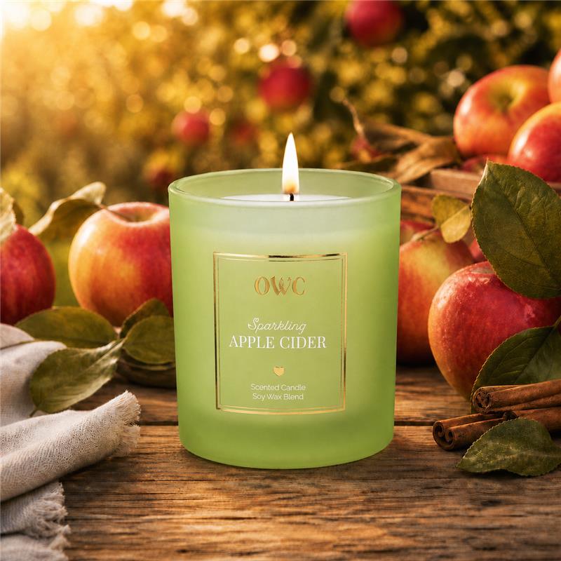 a candle in a glass jar next to apples