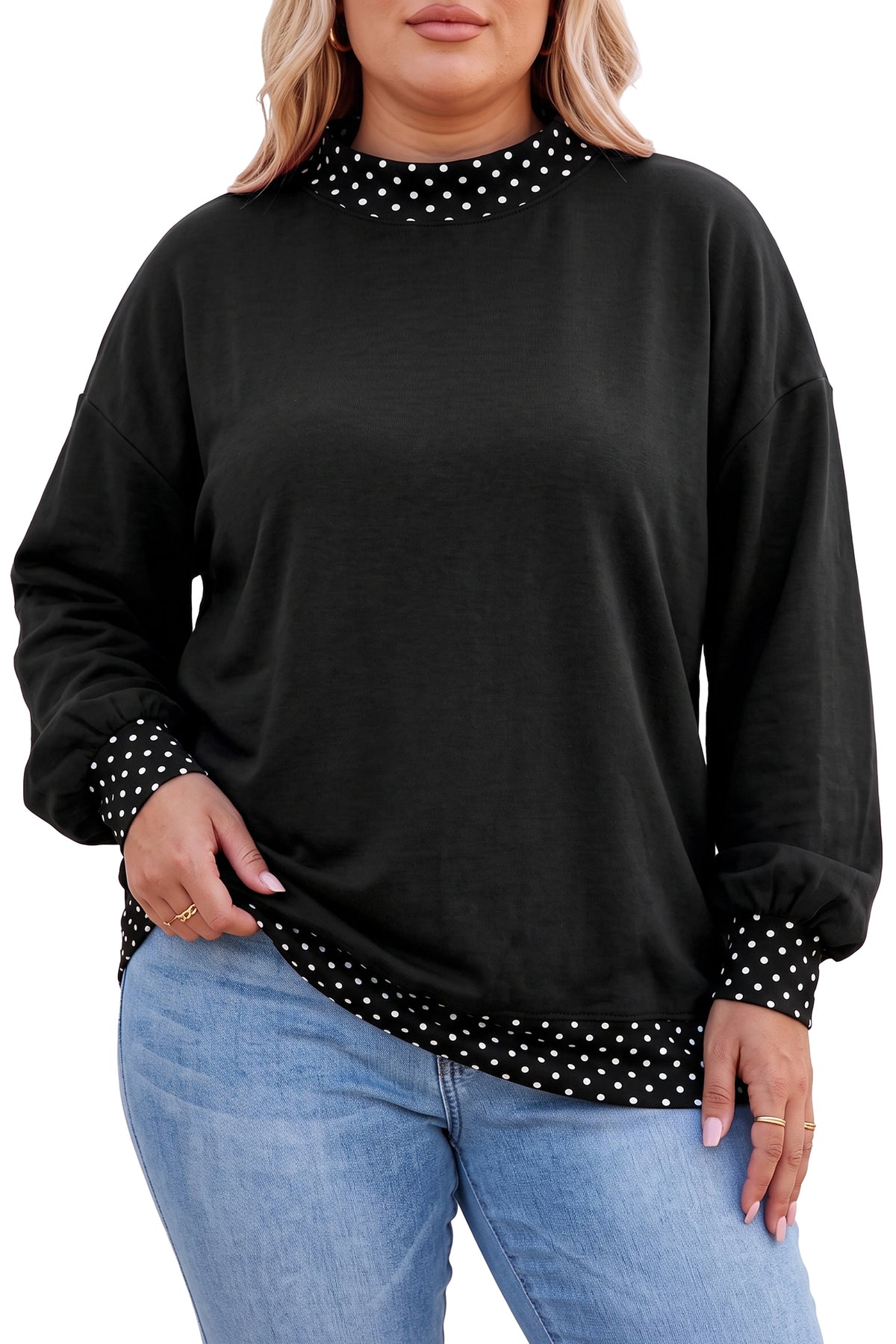 Racing Red Polka Dot Patchwork Round Neck Plus Size Sweatshirt