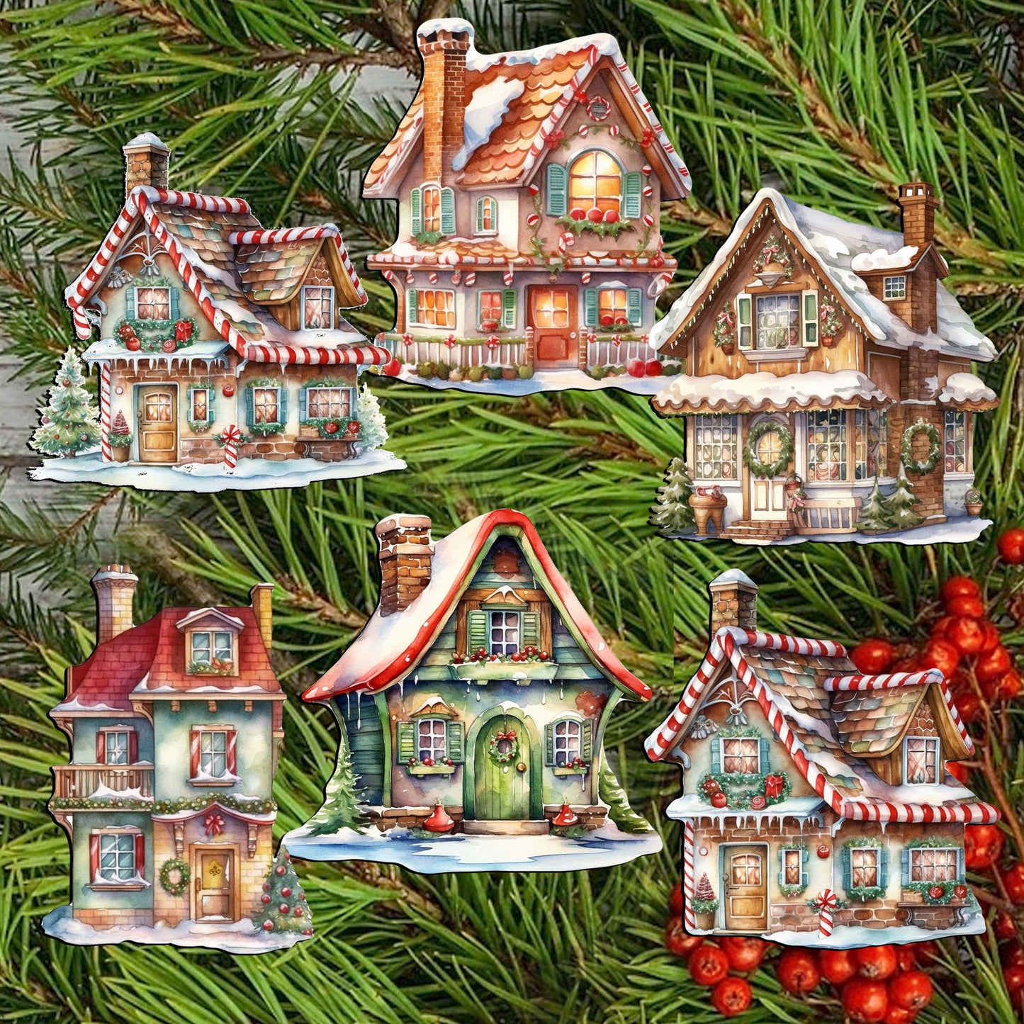 Dream Houses Clip-On Eco Wood Decorative Ornaments Set of 6 by G. Debrekht - Christmas Decor - 8090029C-S6