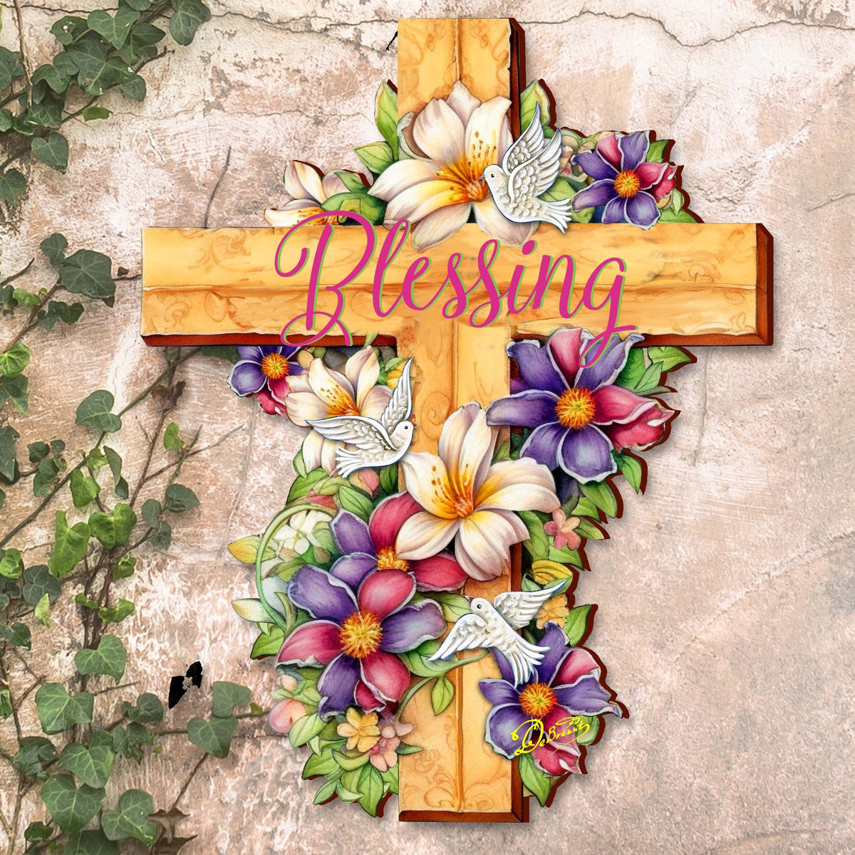 Floral Dove Blessing Wooden Cross by G. Debrekht - Easter Spring Decor - 88163