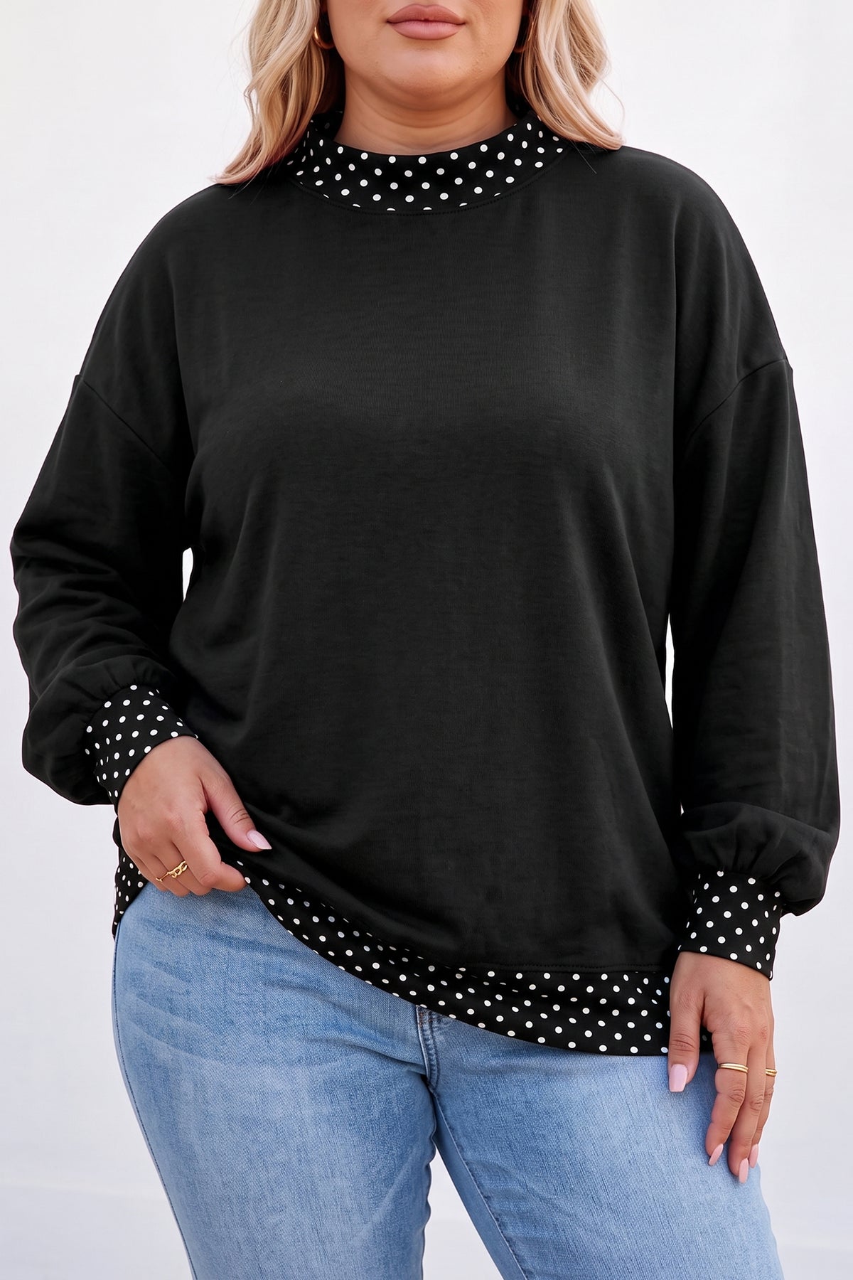 Racing Red Polka Dot Patchwork Round Neck Plus Size Sweatshirt