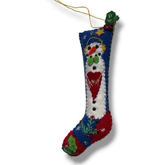 5.5" Blue Stocking w/Snowman Handcrafted Felt Ornament