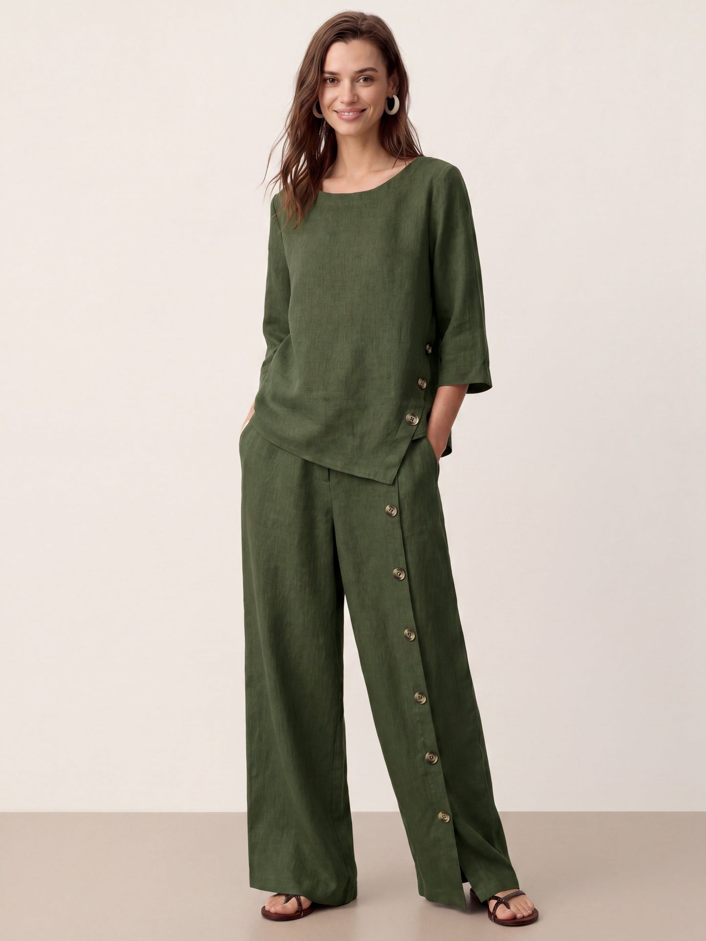 100% Linen Buttoned Slit-Hem Pants KATYA