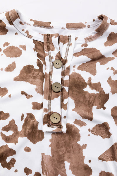 Apricot Animal Print Knitted Sleeve Patchwork Henley Top