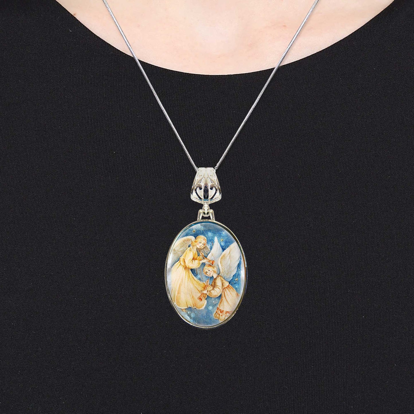 Angels Watching Over Silver Plated Mother of Pearl Jewelry Necklace - 43046