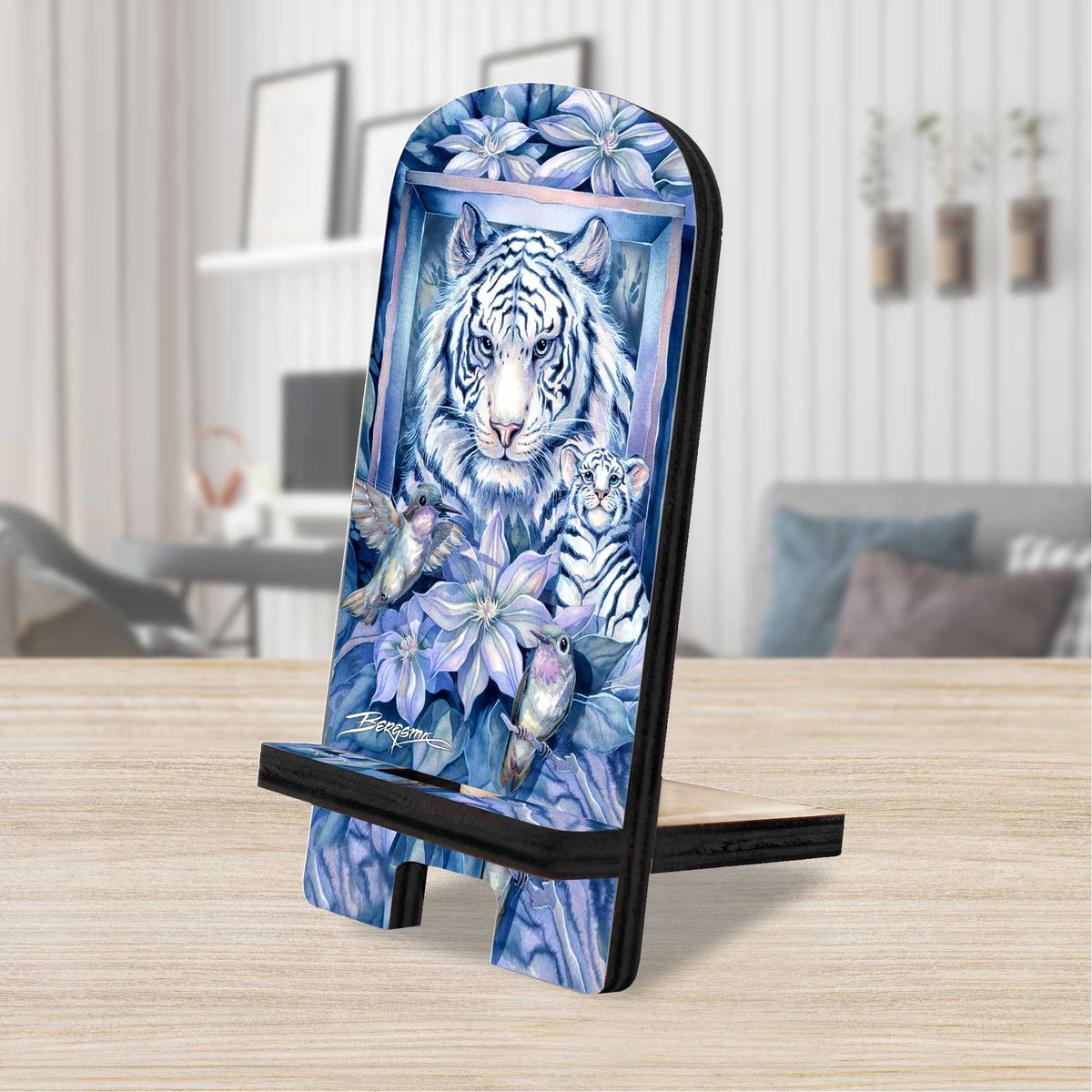 Tiger in the Garden Cell Phone Stand Wildlife Decor Wood Mobile Tablet Holder Charging Station Organizer - 892096-JB