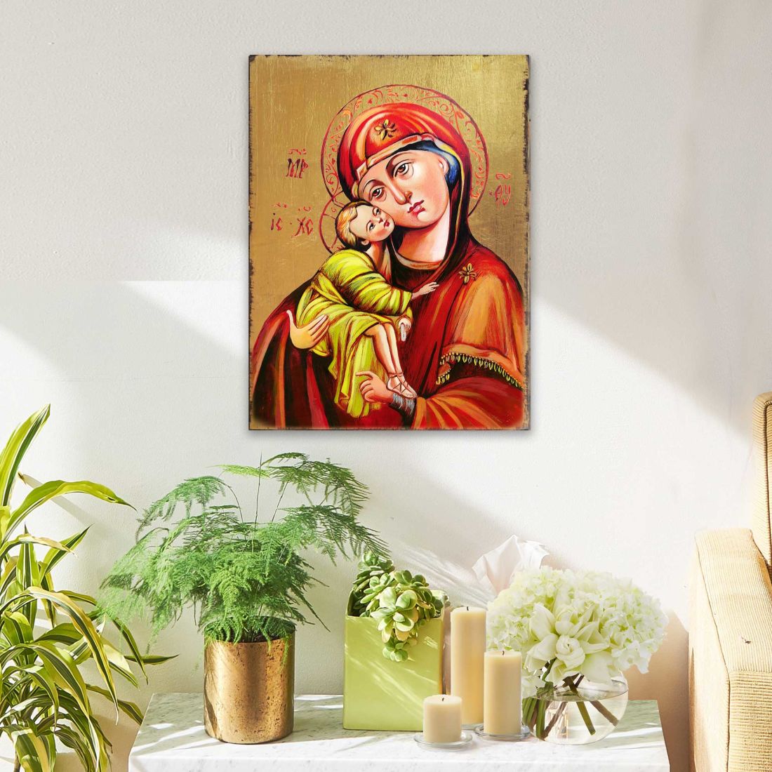 Vladimir Virgin Mary Wooden Gold Plated Religious Orthodox Sacred Icon - Inspirational Icon Decor - 85011