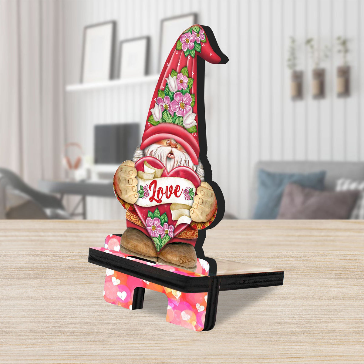 Love Gnome Cell Phone Stand Family Decor Wood Mobile Tablet Holder Charging Station Organizer - 892101C