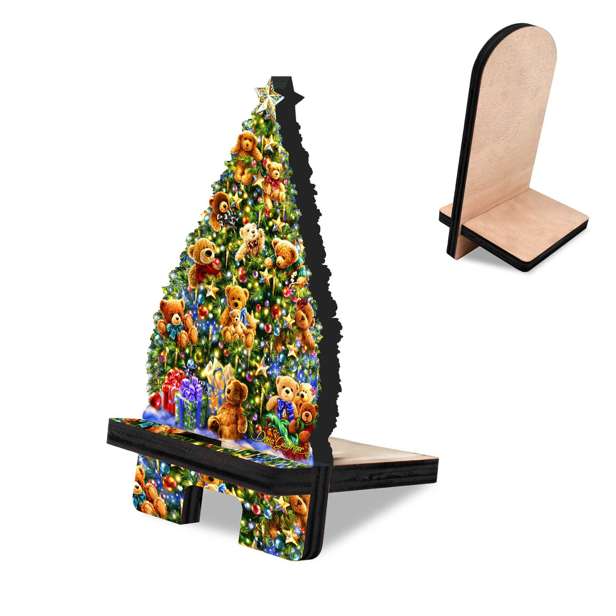 Christmas Tree Teddy Bears Cell Phone Stand Christmas Decor Wood Mobile Tablet Holder Charging Station Organizer - 892082C-DG