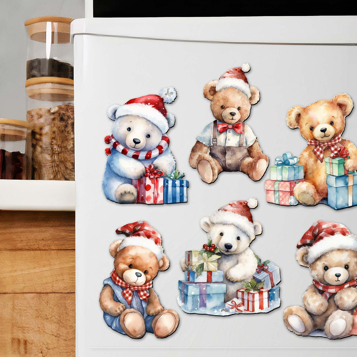 Christmas Teddy Bear Decorative Eco Wood Magnets Set of 6 by G. Debrekht - Christmas Décor - 8090011G-S6