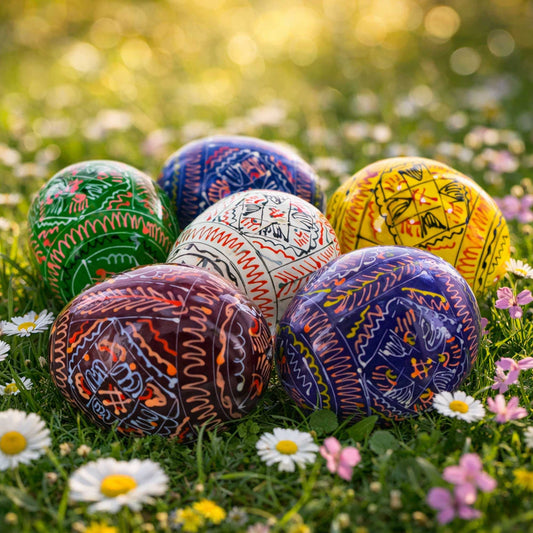 a group of colorful eggs in grass