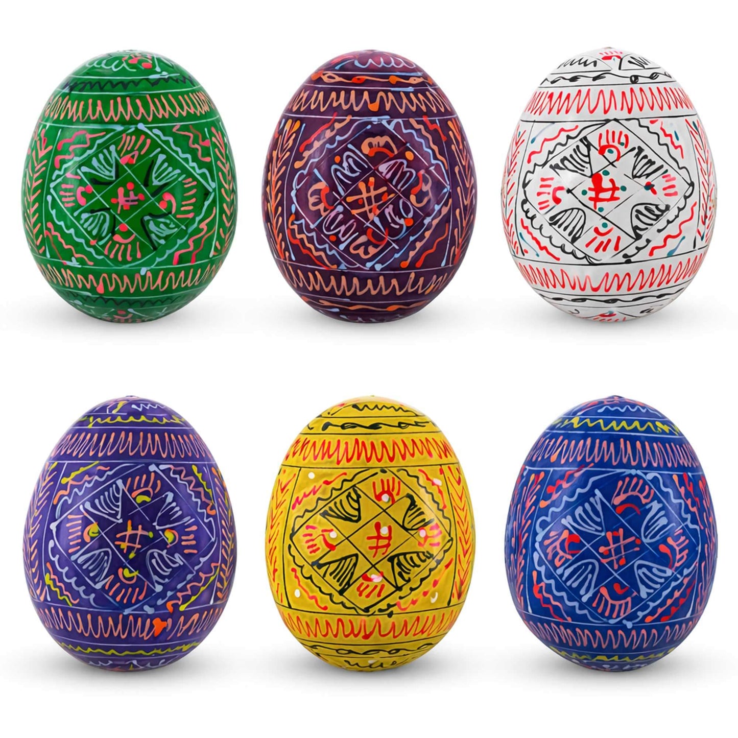6 Hand Painted Geometric Ukrainian Wooden Easter Eggs Pysanky