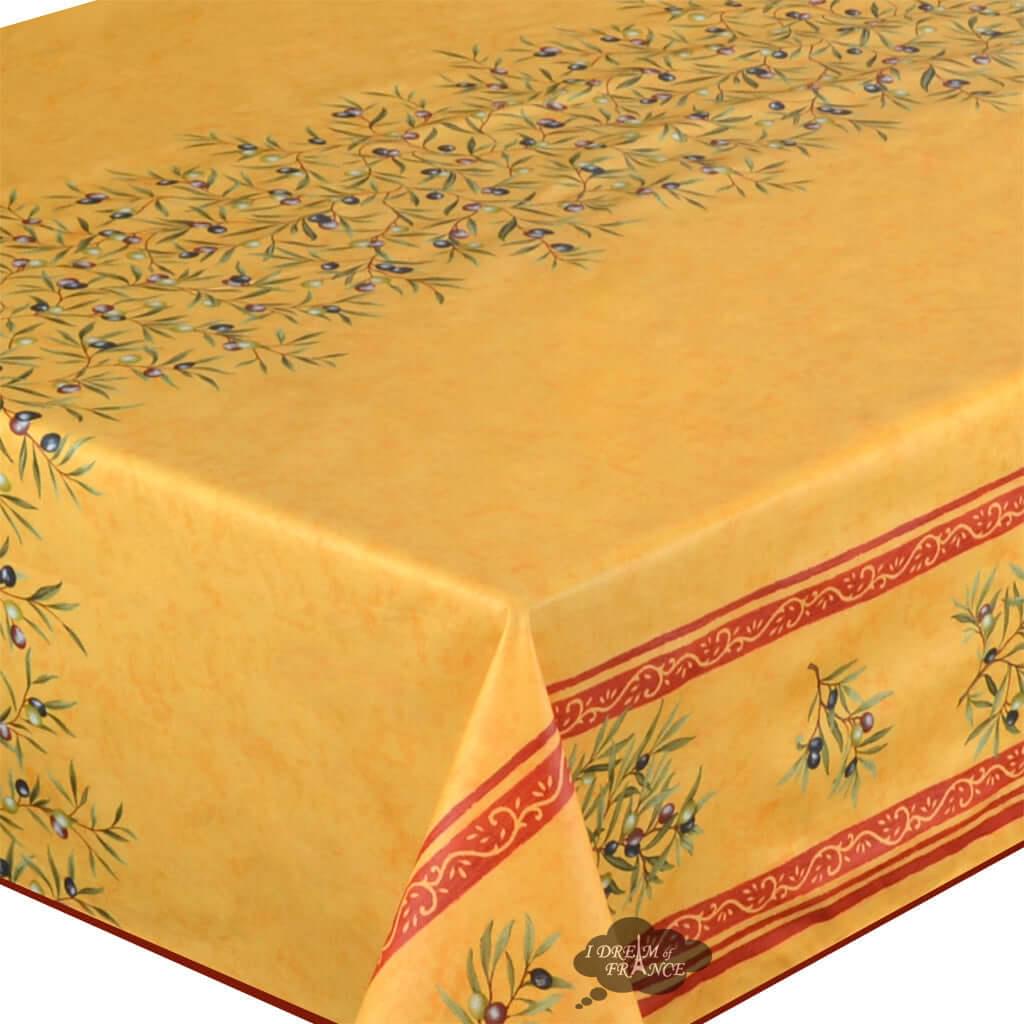 60" Square Clos des Oliviers Yellow Double Border Acrylic-Coated Cotton Tablecloth