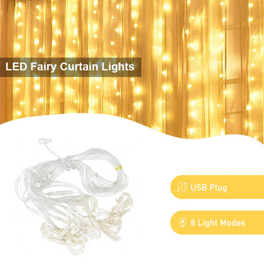 USB Fairy Curtain Lights Decorative Ambient Lighting with Remote 300 LED 9FT x 9FT