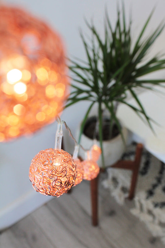 8 LED Rose Gold Woven Copper Balls (Warm White) - Battery Operated