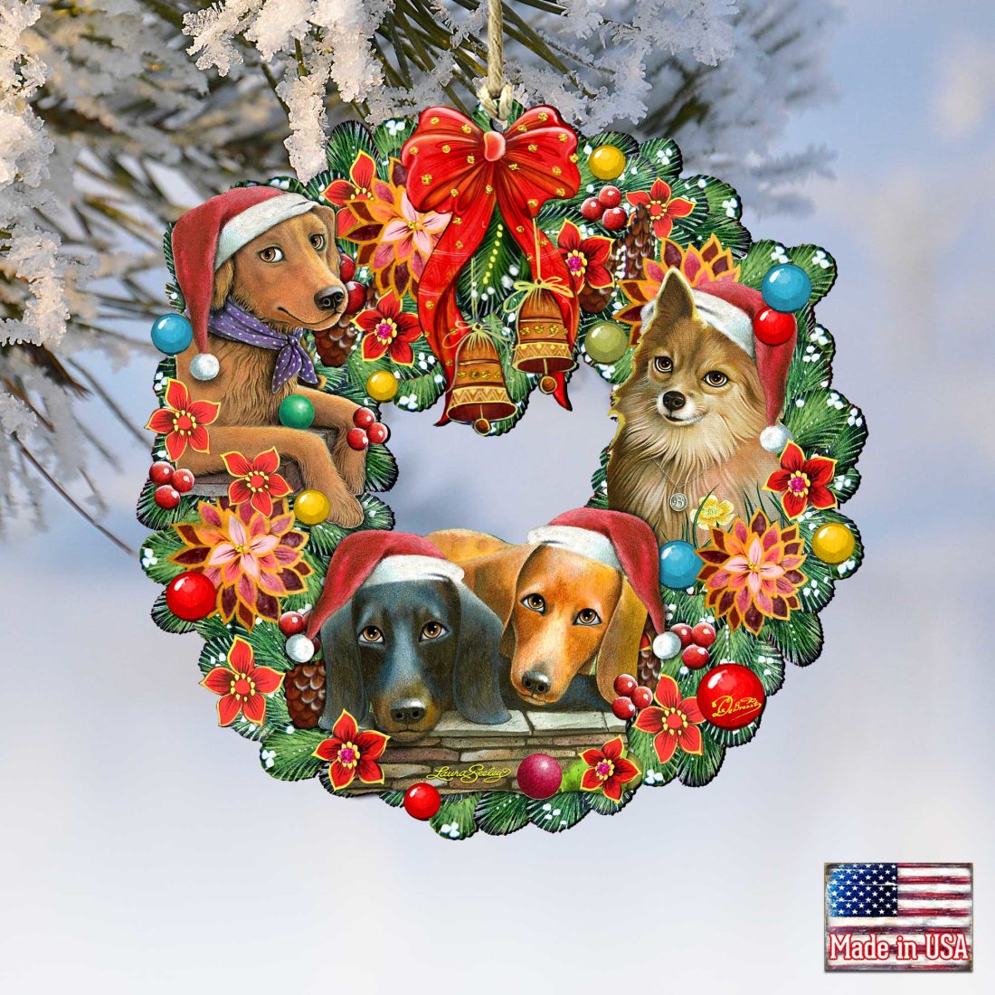 Christmas Friends Puppy Wreath Wooden Ornaments by G. DeBrekht and L. Seeley - Pets Dog and Cats Decor - 8185307-6-SL