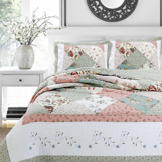Grace Celadon Real Patchwork Embroidered Scalloped Edge Cotton Reversible Quilt Bedding Set